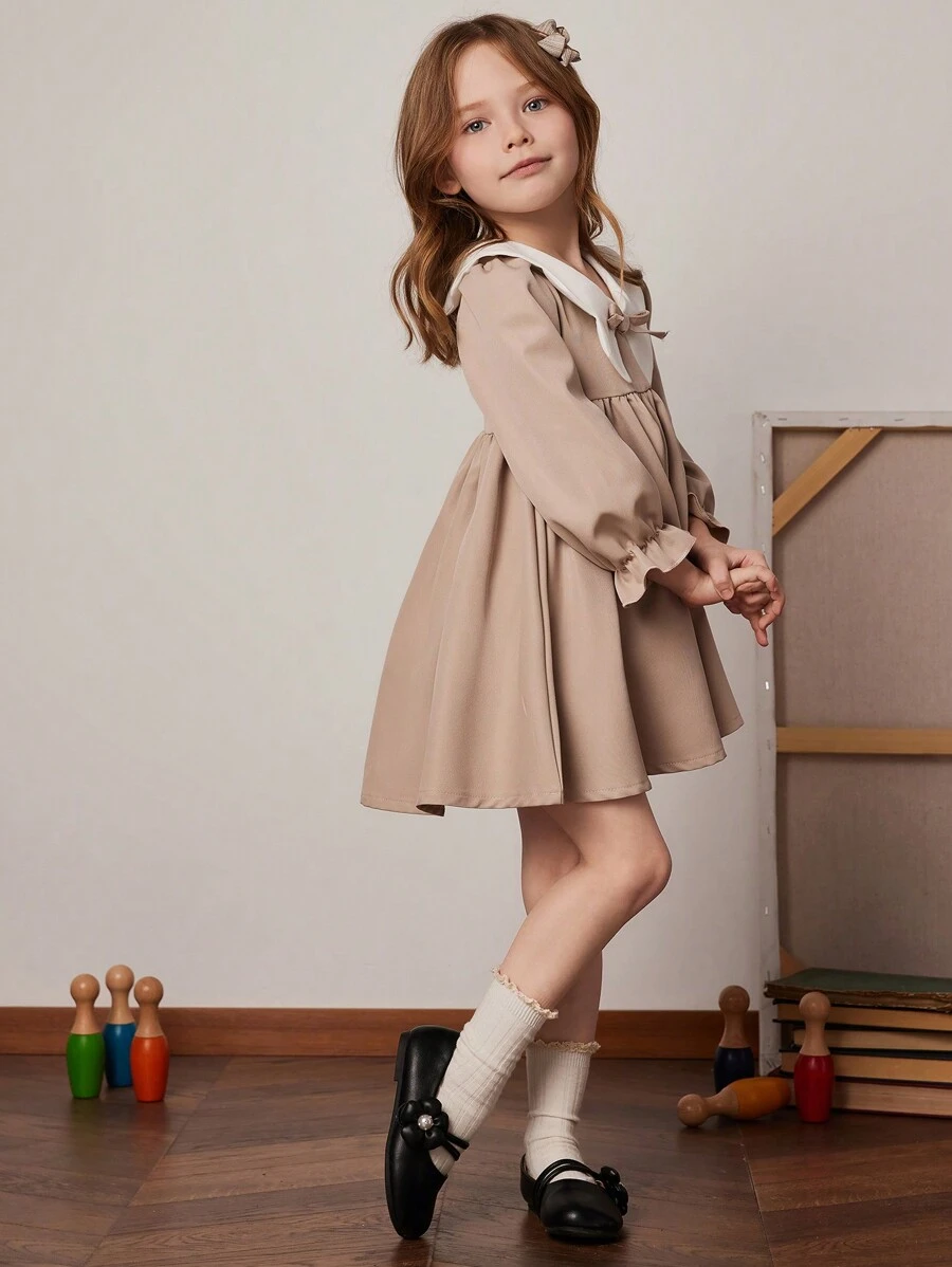 PrepCrw Young Girls Loose Khaki Color Contrast Collar Summer Dress