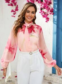 SHEIN Clasi Women's Beach Wear, Sun Protection Chiffon Shirt, Elegant Women's Romantic Valentine's Day Long-Sleeved Pink & Rose Red Floral Smudged Twisted Elegant Chiffon Shirt, Spring And Summer Clothing - Multicolor - View 2