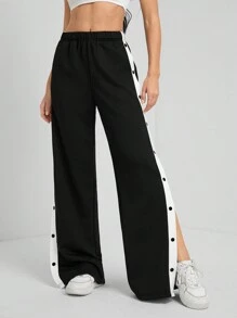 SHEIN Tall 撞色侧缝开衩裤脚纽扣细节长裤，适合毕业季、教师节、返校季等场合穿着。 - 黑色 - 查看 5