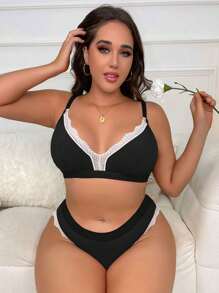 Conjunto de lencería de encaje retoque de talla grande para mujer, cómodo y de moda