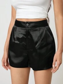 SHEIN Tall Women Solid Color Pleated Loose Casual Versatile Shorts - Black - View 3