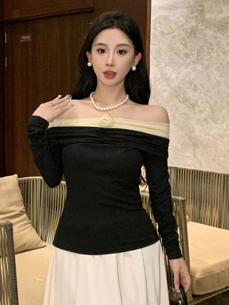 Colorblock Floral Print Off Shoulder Long Sleeve Top, Elegant Women Shirt For Spring & Summer