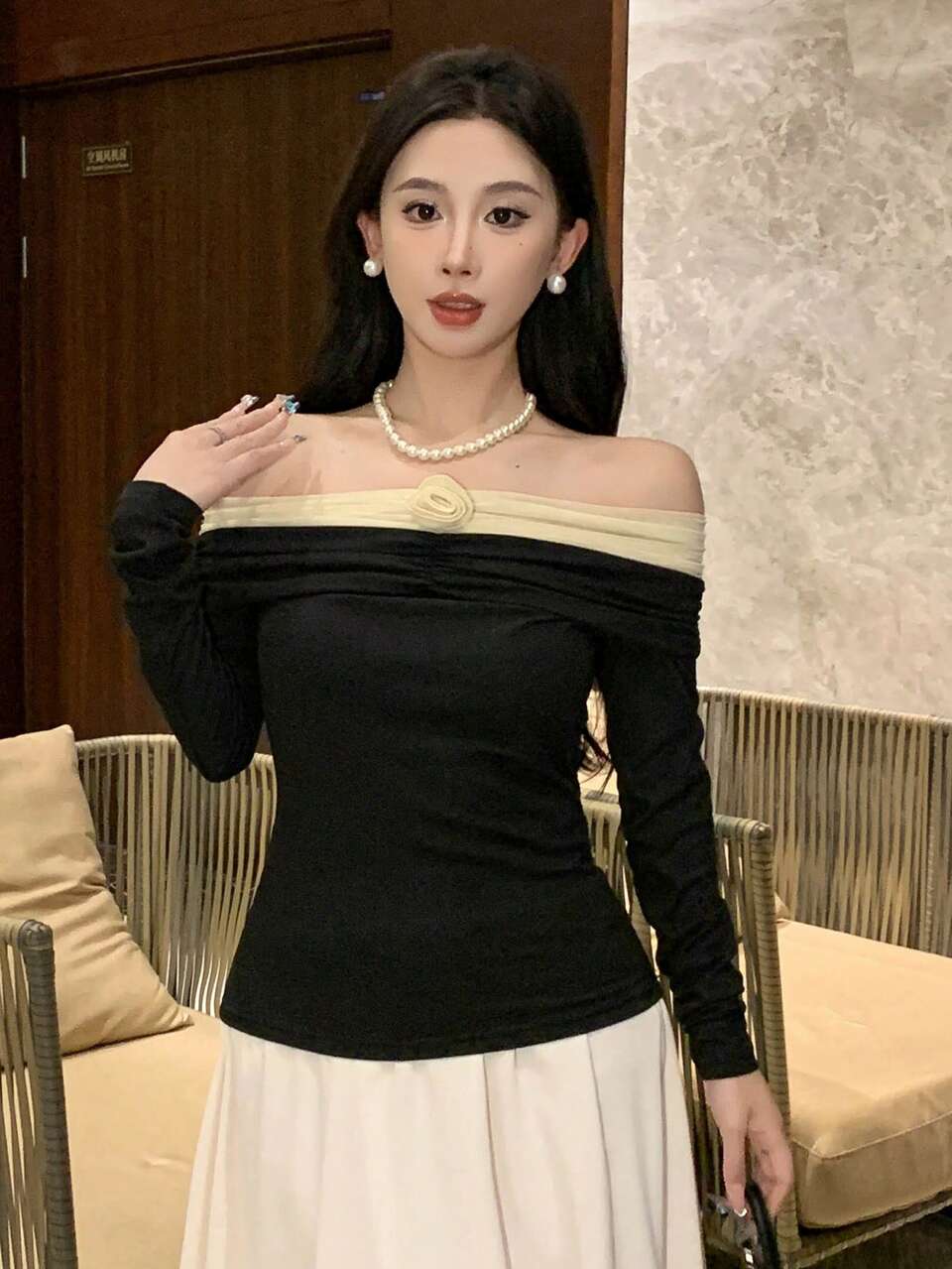 Colorblock Floral Print Off Shoulder Long Sleeve Top, Elegant Women Shirt For Spring & Summer