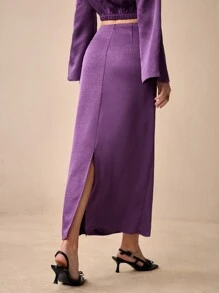 BizChic Chân váy dài xếp ly thanh lịch màu trơn cho nữ - Màu tím - Xem 5