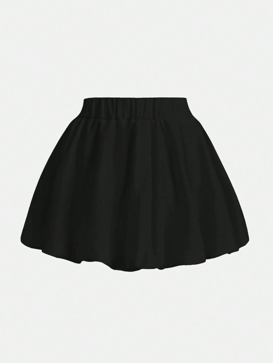SHEIN MOD 女士平纹高腰宽松泡泡下摆半身裙，休闲 - 黑色 - 查看 1