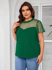 SHEIN Clasi 大码女式波尔卡圆点网眼荷叶边短袖上衣