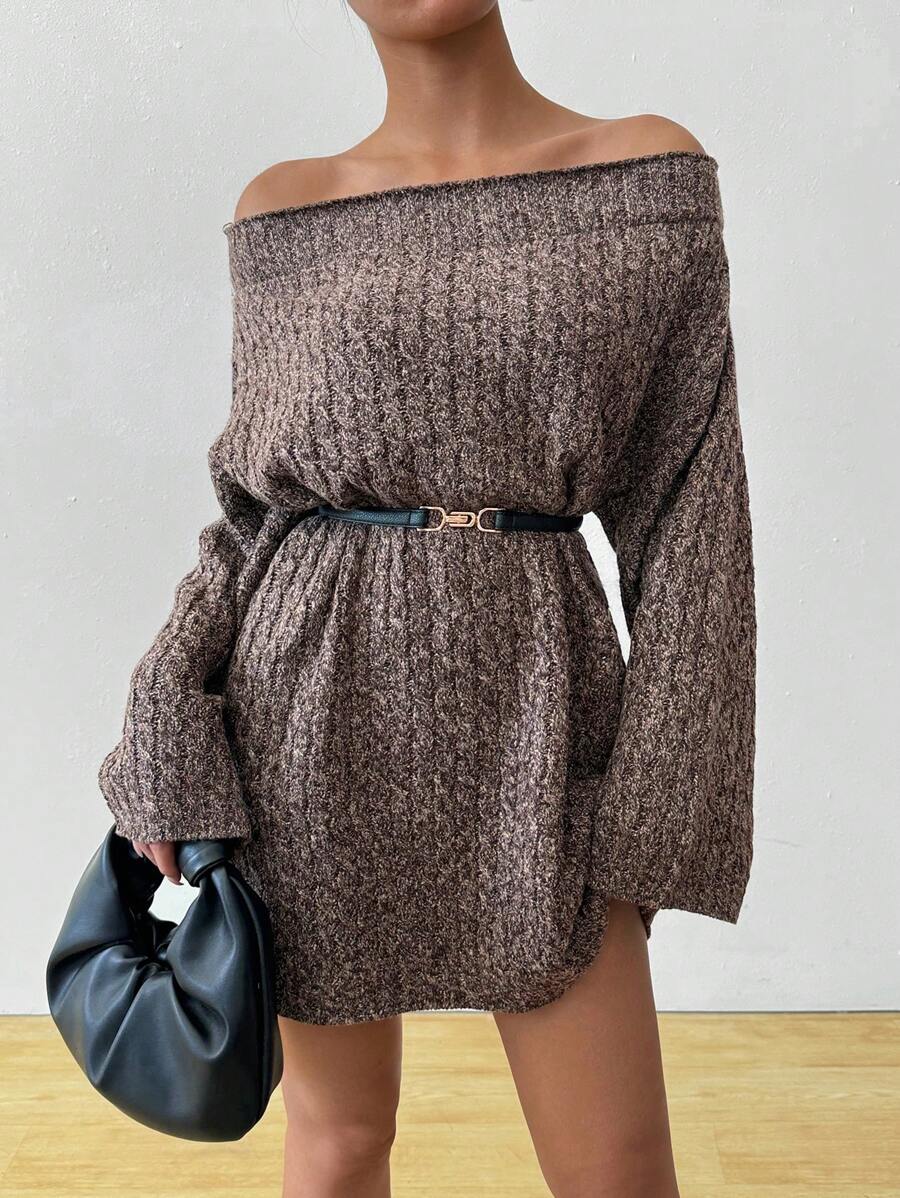SHEIN LUNE Off Shoulder Loose Casual Women Sweater Dress, Suitable For Spring And Autumn - Red Violet - View 1