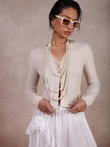 COSMINA Women's Spring/Summer Elegant Basic Cream Lace Cardigan