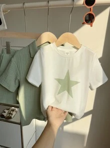SHEIN Leap Crew 3pcs/Set Young Boys/Girls Comfortable Casual Versatile Fashionable Cute Fresh Green Shirt, White Star Print T-Shirt And Pocket Shorts Set, Suitable For Spring/Summer, Daily Wear, Sports, Outings, School, Gatherings, Holidays, Performances, Photo Shoots - Green - View 6