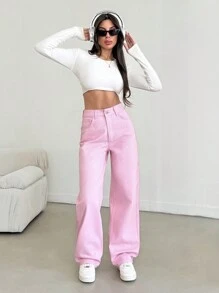SHEIN Tall WOMEN HIGH RISE STRAIGHT PINK JEAN TALL Spring Outfits For Women  Woman S Summer Clothes Women Summer Clothing Women S Clothes - Pink - View 1