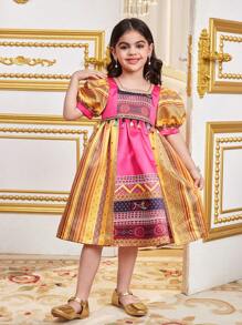 SHEIN Young Girl Woven Ditsy Floral Square Neck Puff Sleeve Fitted Dress - Hot Pink - View 4