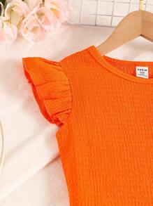 Sparklyn Bộ 2 chiếc áo crop top cổ chữ V tay lửng họa tiết dệt kim màu cam sáng và quần ống đứng họa tiết hoa nhỏ nhắn có cạp chun cho bé gái tuổi teen, trang phục thường ngày ngày lễ mùa hè - trái cam - Xem 6