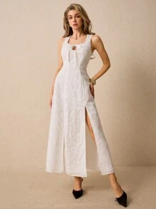 Poéselle 优雅刺绣无袖开叉连衣裙，女士夏季服装，女士度假服装，女士夏季连衣裙，夏季连衣裙 - 白色 - 查看 3