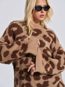EURMUSE 秋冬豹纹提花落肩宽松休闲毛衣 - 棕色 - 查看 6