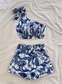 Soleia 2 件套女士植物印花无袖背心和短裤 - 藍白色 - 查看 4