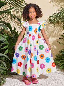 SHEIN Vestido ceñido de tirantes con estampado floral diminuto para niña joven