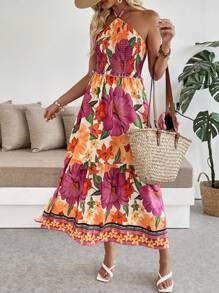 Breezaya Vestido largo con volantes y abertura lateral, estampado digital floral de colores múltiples, sin mangas, para mujer, ideal para playa y vacaciones, primavera/verano - Multicolor - Ver 3