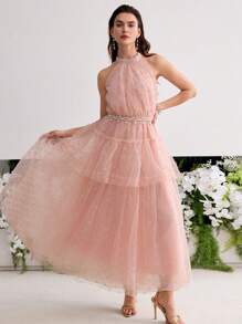 MOTF PREMIUM WOMEN'S EMBELLISHED MESH FLOWY GATHERED LONG DRESS, WEDDING DRESS - Baby Pink - View 5