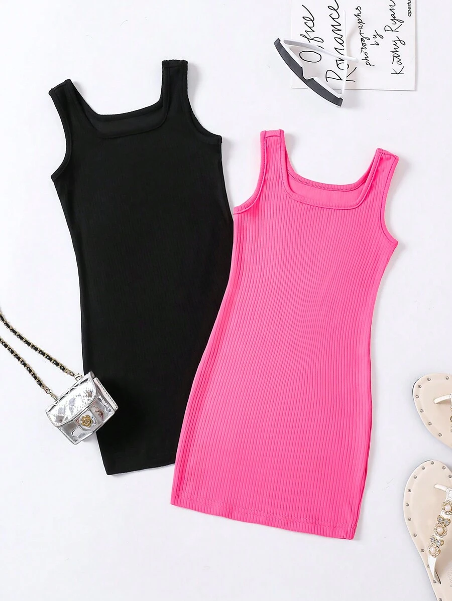 SHEIN 年轻女孩纯色方领吊带背心连衣裙 - 彩色 - 查看 1