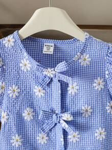 SHEIN Blusa de manga abullonada con lazo, estampado de margaritas y jacquard a cuadros para niñas - Multicolor - Ver 4