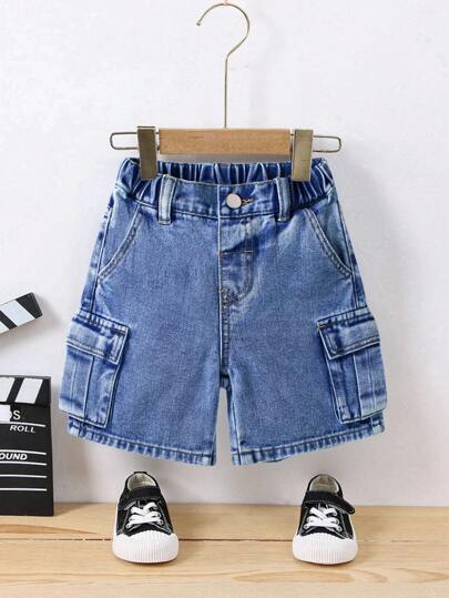 小男孩休闲基础街头酷时尚新款水洗多口袋直筒宽松工装牛仔短裤2025春夏新款适合日常穿着热卖