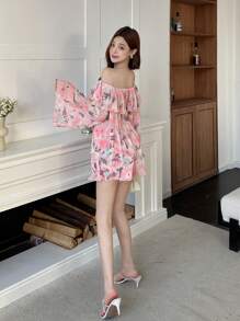 DAZY 2pcs/Set Women Tie-Dye Allover Print Chiffon Off Shoulder Ruffle Top And Shorts Set Floral,Fall Women Clothes Vacation Cruise Outfit For Women - Pink - View 5