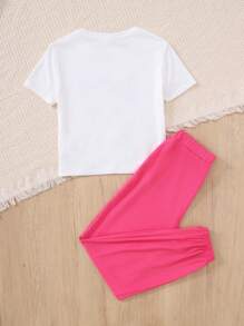 Tween Girl Casual Cute Cartoon Cat & Floral Print Matching T-Shirt And Tapered Pants 2 Pieces Set
