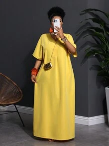 Slaydiva Plus Size/Western Wear Women/Beach/Boho/Boho Women's Clothing/Festival Outfits For Women/Rave/Easter Outfit Women/Old Money Style Women/Country Concert Outfit/Going Out Outfits/Fairycore/Festival Outfits/Airport Outfit For Women/Western Outfits For Women/Tropical Vacation Woman Clothes Casual Solid Color Dress