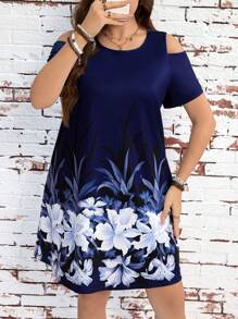 SHEIN LUNE Plus Size Women's Floral Print Off Shoulder Short Sleeve Dress, Resort Style Summer Dress For Women Elegant Resort Wear Women Boho/Bohemian, Festival Wear, Holiday Dress, Outdoor Daily Wear Essential Sundress Holiday Wear Women - Black - View 3