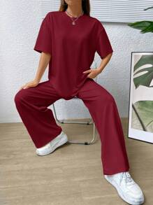 Muchica Giải trí Thoải mái Màu thuần Áo thun Và Quần Bộ - Màu Đỏ Sâu - Xem 4