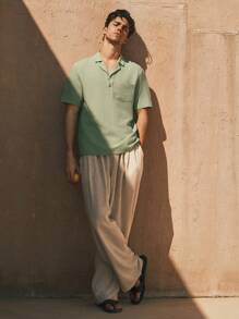 GENTILAND Men's Stand Collar Short Sleeve Casual Woven Shirt, Suitable For Summer - Green - View 3