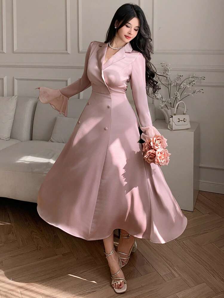Satin Solid Color Business Casual Fitted Flare Sleeve Ruffle Patchwork Midi Dress For Women Wedding Guest Dress Sundress