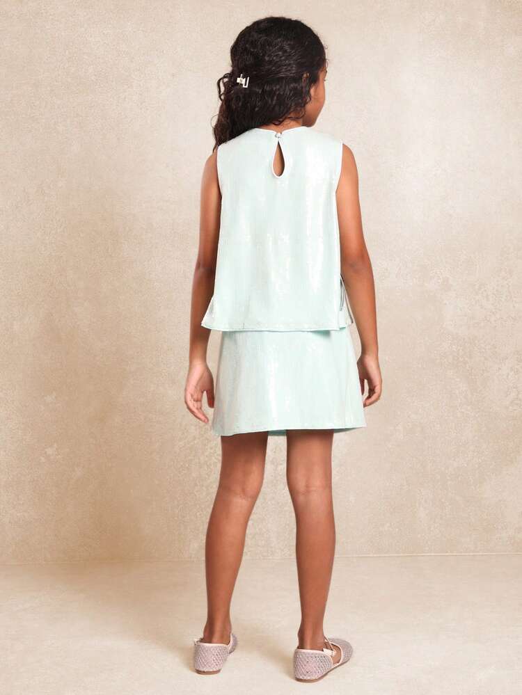 Sleeveless Sequin Tank Top And Skirt Set With Bow Detail