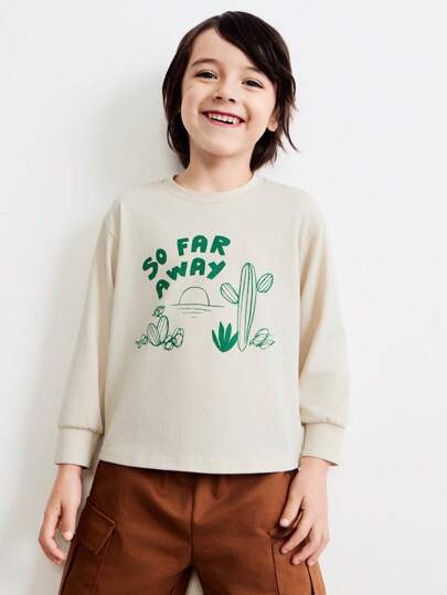 SHEIN Young Boys' Green Floral Print Round Neck Drop Shoulder Long Sleeve Basic Khaki T-Shirts, Basic Style, Spring/Autumn