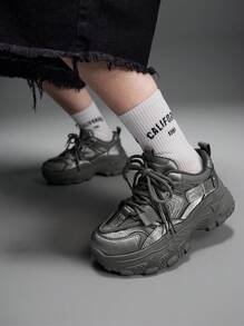 Vate Women's Thick Sole Lace Up Casual Sneakers, Fashionable - Grey - View 4