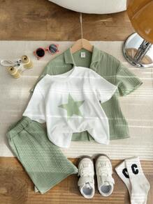 SHEIN Leap Crew 3pcs/Set Young Boys/Girls Comfortable Casual Versatile Fashionable Cute Fresh Green Shirt, White Star Print T-Shirt And Pocket Shorts Set, Suitable For Spring/Summer, Daily Wear, Sports, Outings, School, Gatherings, Holidays, Performances, Photo Shoots - Green - View 5