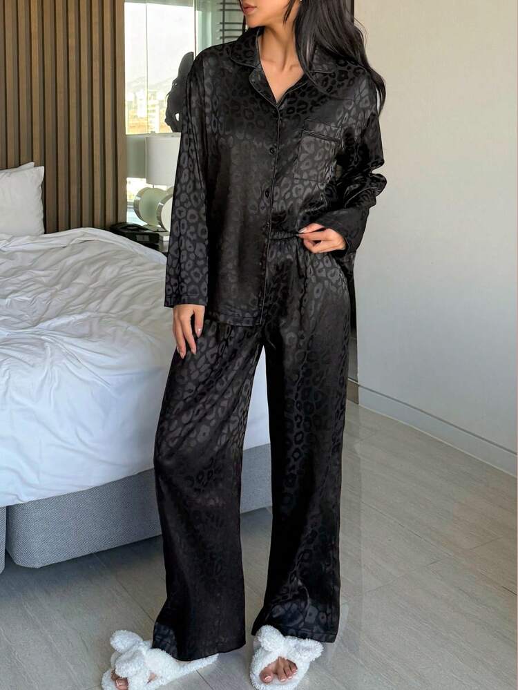 Satin Leopard Jacquard Loose Pajama Set, Fall Winter Clothes