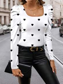 SHEIN Clasi 豹纹方领泡泡袖休闲简约爱心图案长袖上衣，适合春秋季 - 白色 - 查看 6