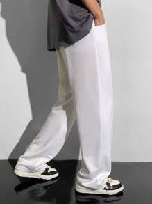 SHEIN Leap Crew 1pc Teen Boy's Drawstring Waist Loose Straight Leg Knit PantsSpring Wear; Teen Boys' Clothing; Teen Boy' Jackets, Spring Back To School - White - View 2