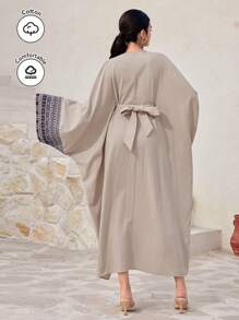 Al Najma Vestido de manga larga, estilo árabe modesto, con parches de unicolor y decoración con flecos para mujer - Albaricoque - Ver 5