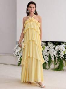 MOTF PREMIUM 立体花卉荷叶边连衣裙 - 黃色 - 查看 5