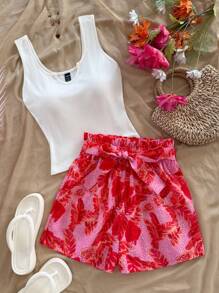 Soleia 2pcs/Set Women's Solid Color Tank Top & Floral Print Shorts, Vacation & Casual Set, Summer Outfit