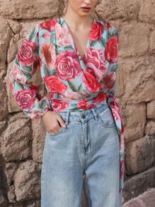 Aveloria Rosie Französischer schicker Resort-Stil Tropischer Blumenprint Chiffon-Wickelbluse mit V-Ausschnitt, Bindetalje und schmaler Passform, Crop-Langarmbluse für Damen - Verschiedenfarbig - Übersicht 1