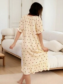 少女杏色底色搭配红樱桃印花舒适长袖睡袍家居服 - 杏色 - 查看 2