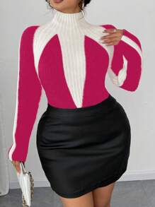 Celure Suéter ajustado de manga larga, cuello redondo, tejido a punto con bloques de color para mujeres de talla grande en otoño/invierno