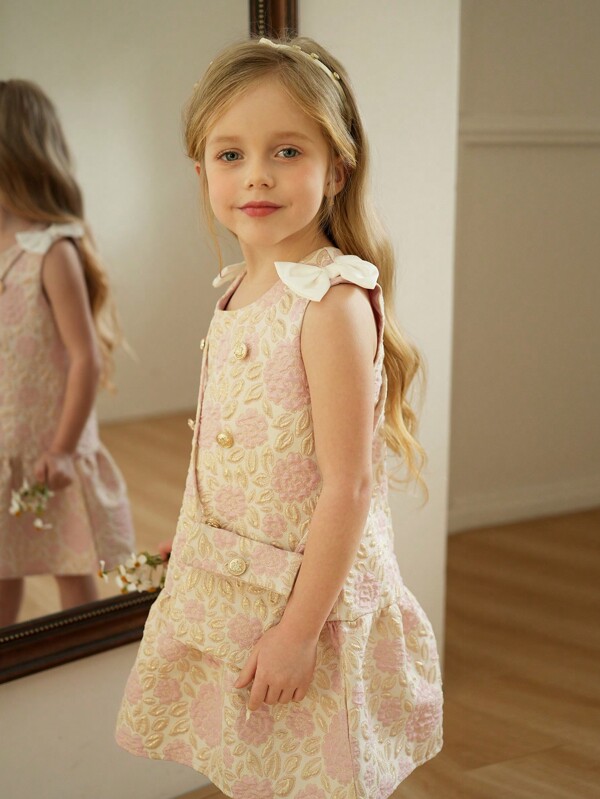 Young Girl 2 Pieces Set: Sleeveless Floral Elegant Round Neck A-Line Dress & Handbag, Suitable For Various Occasions, Spring/Summer