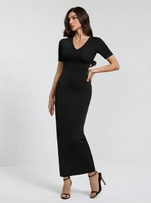SHEIN Tall Dames effen V-hals bodycon korte mouw jurk Hoco Jurken