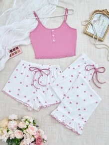 3pcs/Set Women Heart Pattern Sleeveless Top, Shorts And Pants Pajama Set - Multicolor - View 6