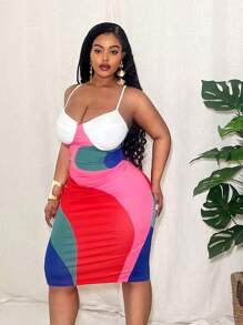 Slaydiva 2025 Summer&Beach New Elegant & Sexy & Party Plus Size Women Contrast Color Block Print Bodycon Spaghetti Strap Midi Dress