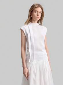 Ontre 女士优雅白色短袖针织毛衣，老钱风格现代都市风立领无袖毛衣上衣，春夏